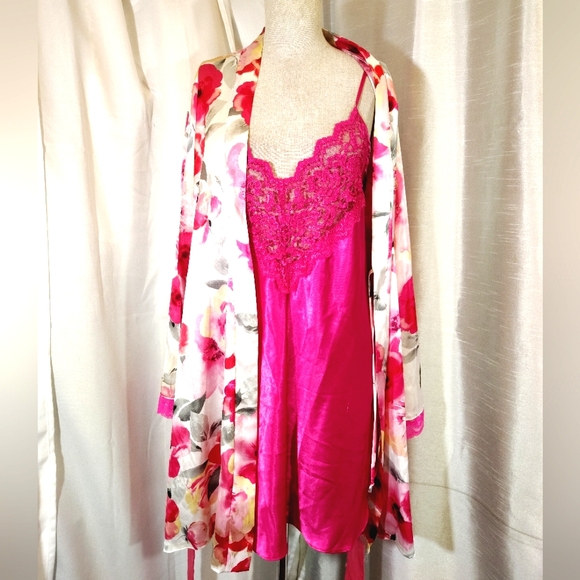 Apt. 9 Other - 2Pc:Rose Satin Robe+Slip: Floral Pinks & White, Satin+ Lace, Tie, Straps, M